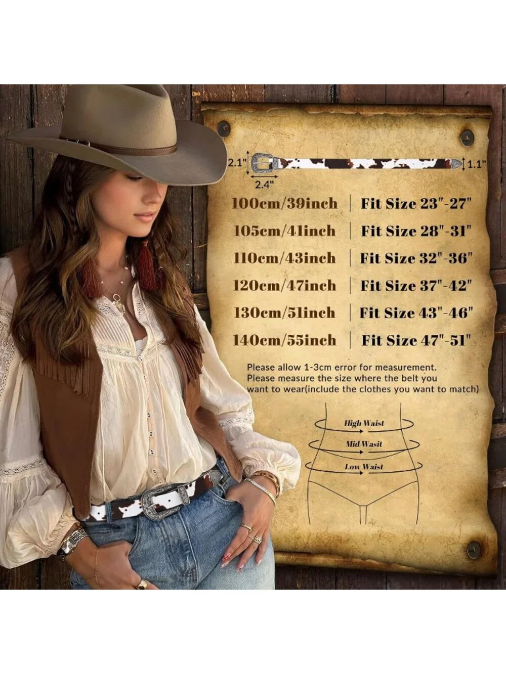 Women's Cow Print Leather Belts Vintage Western Design Silver Buckle Waist Belt